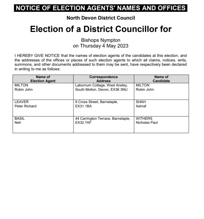 Election notice showing three candidates for Bishops Nympton