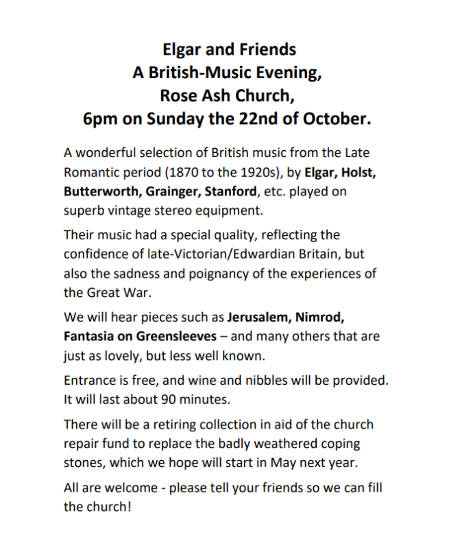 Music evening in Rose Ash with music by Elgar 