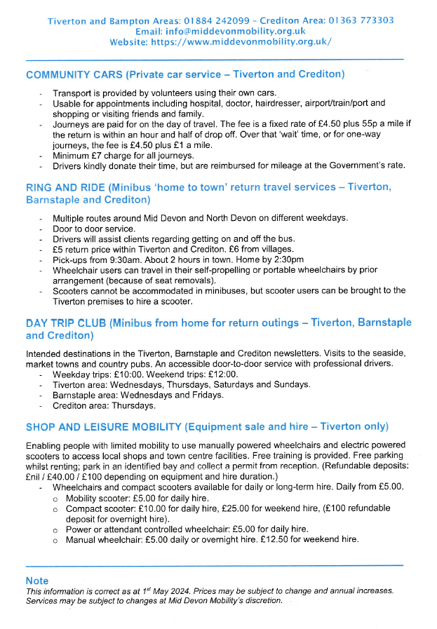 Information on community cars, ring and ride, day trip clubs and shop and leisure mobility 